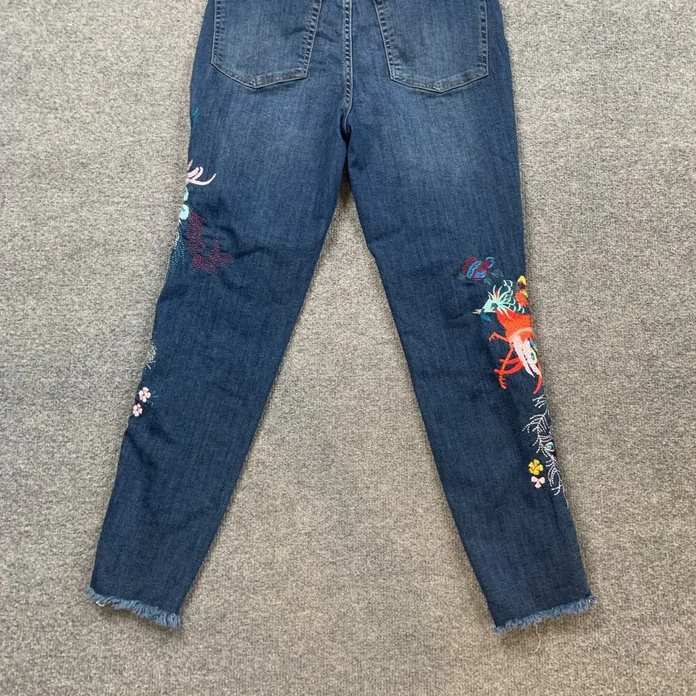 Free People Jeans Womens 30 Blue Embroidered Bird Skinny High Rise Raw Hem Denim